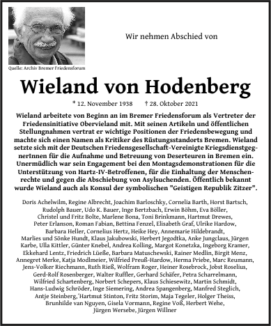 Traueranzeige fr Wieland von Hodenberg im 'Weser-Kurier' vom 6. November 2021